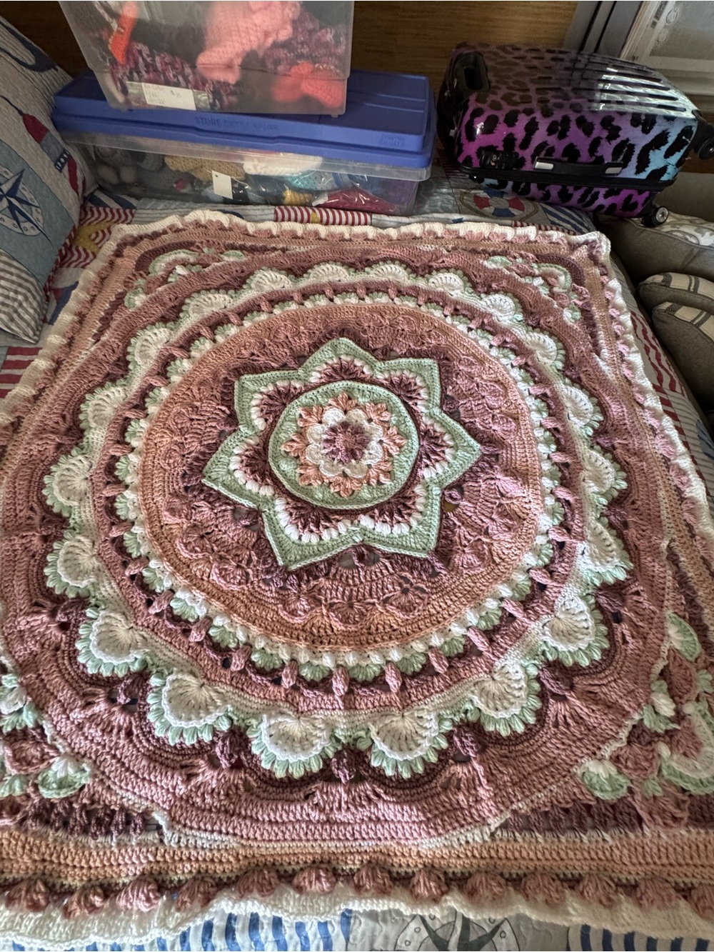 Handmade Pink and Cream Crochet Mandala Throw Blanket